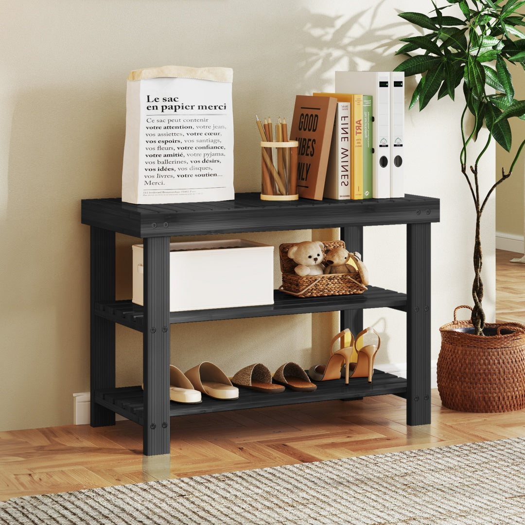 Shoe bench with open shelves in an organized entryway