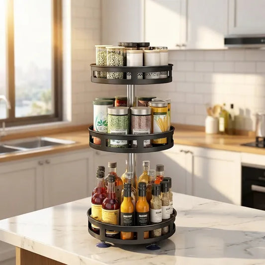 Rotating spice rack in an organized kitchen