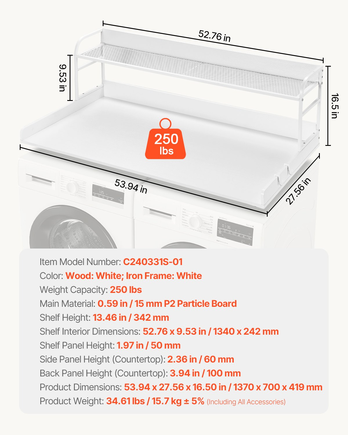 ShelfSpan Washer Dryer Countertop, White – detail 5