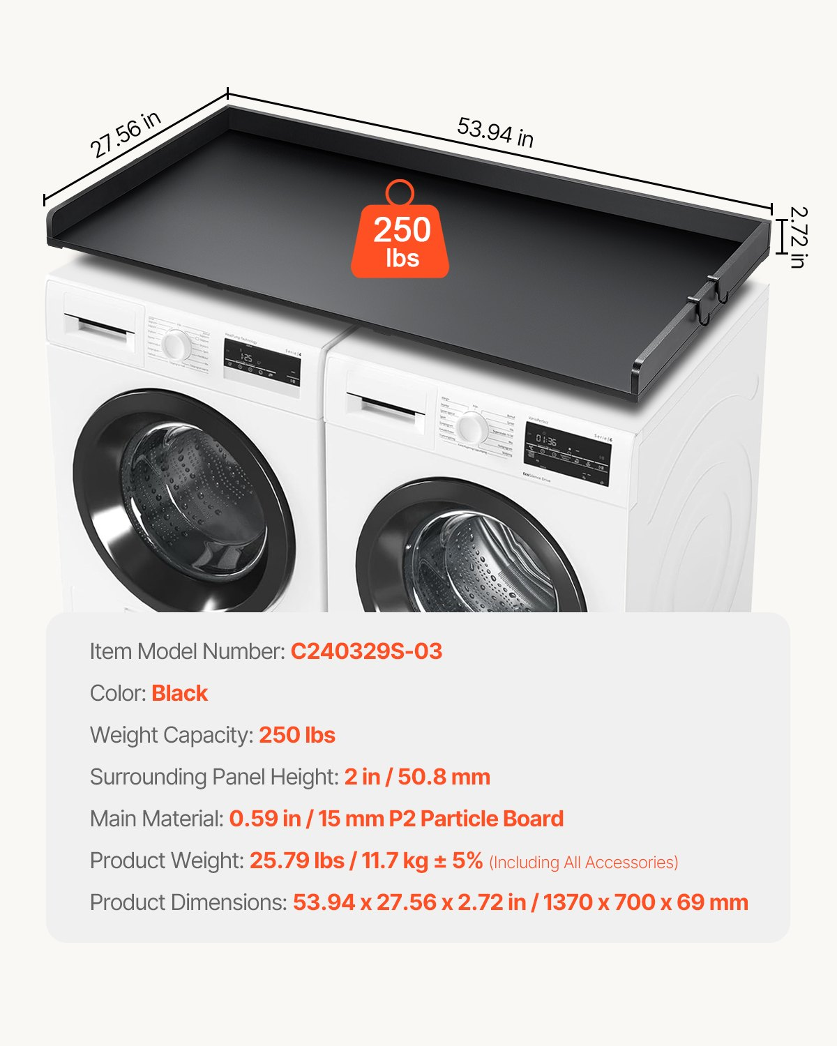 SpanTop Washer Dryer Countertop, Black – detail 5