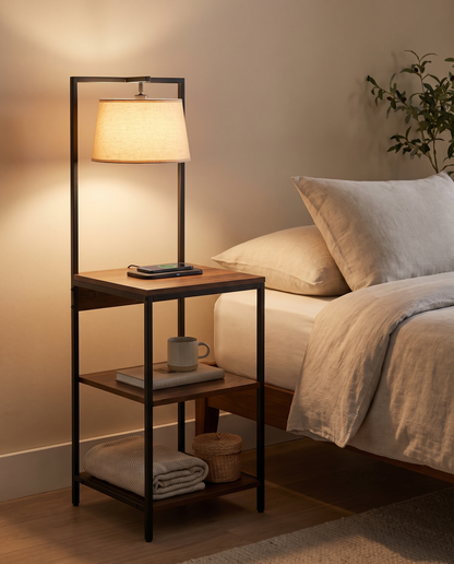 GlowShelf Lit Nightstand - open slim 3-tier shelf design with built-in lamp