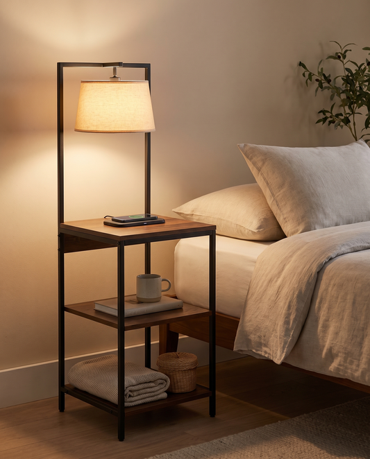 GlowShelf Lit Nightstand - open slim 3-tier shelf design with built-in lamp