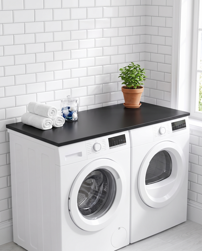 SpanTop Countertop, Black - flat black countertop in bright white laundry room