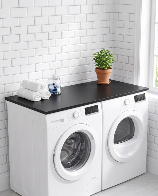SpanTop Countertop, Black - flat black countertop in bright white laundry room
