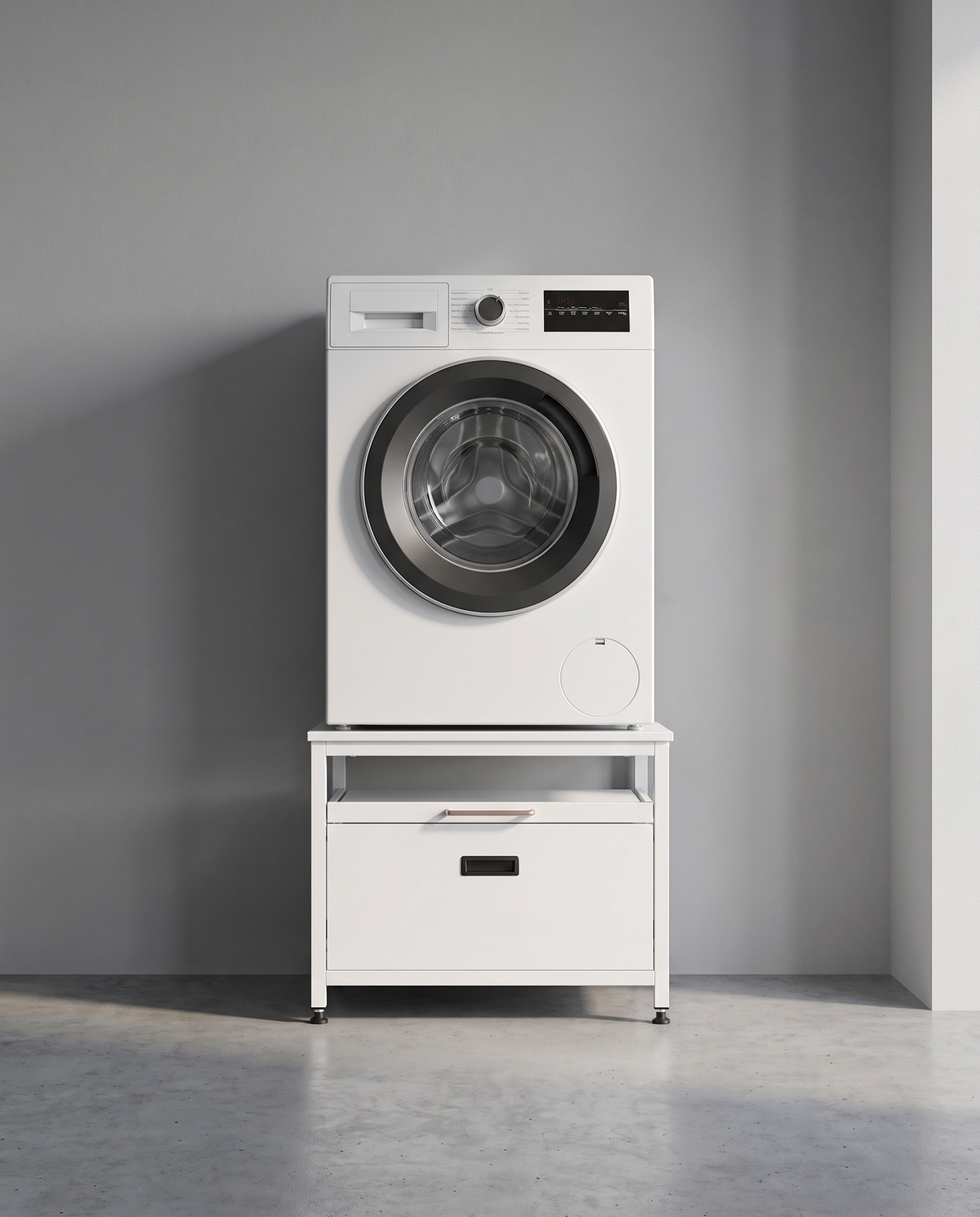 LiftBase Storage Pedestal - washer raised on pedestal with pull-out tray