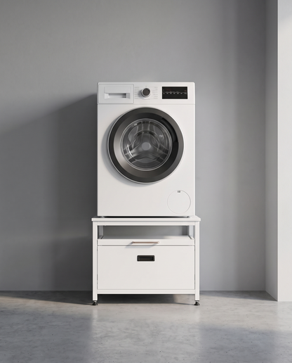 LiftBase Storage Pedestal - washer raised on pedestal with pull-out tray