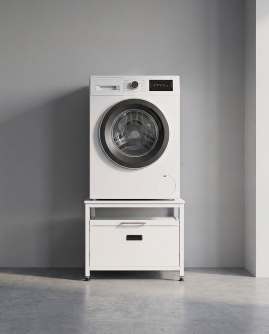 LiftBase Storage Pedestal - washer raised on pedestal with pull-out tray